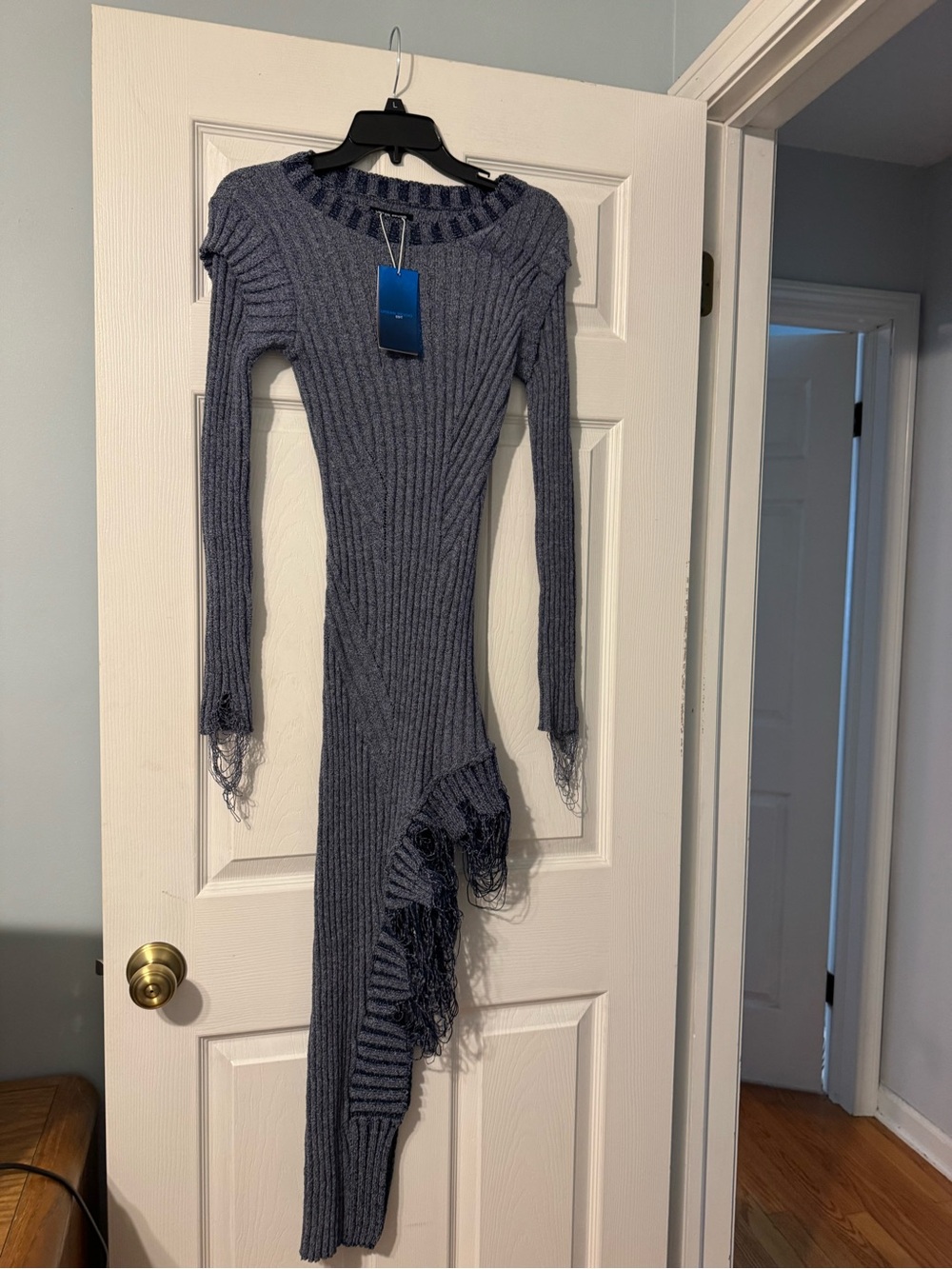 Ribbed Asymmetric Knit Dress - Blue
